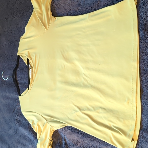 Susan Graver| Greenish Yellow Short Sleeved Blouse With Buttoned Slit Sleeves - Picture 12 of 15